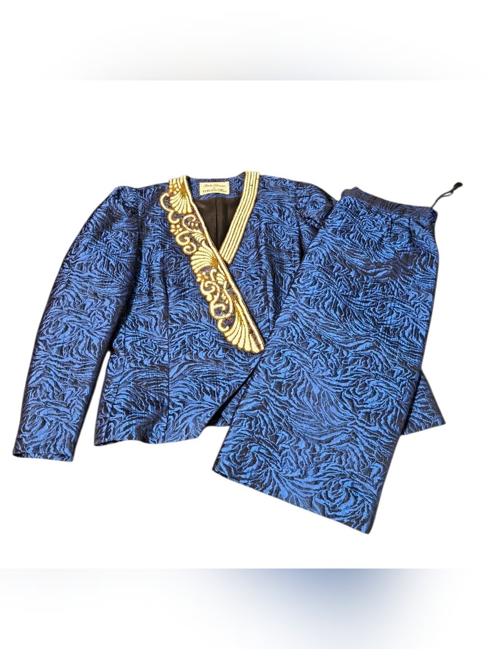 VTG Rickie Freeman Teri Jon Nites Skirt Suit Set 10 Blue Brocade Gold Beaded USA